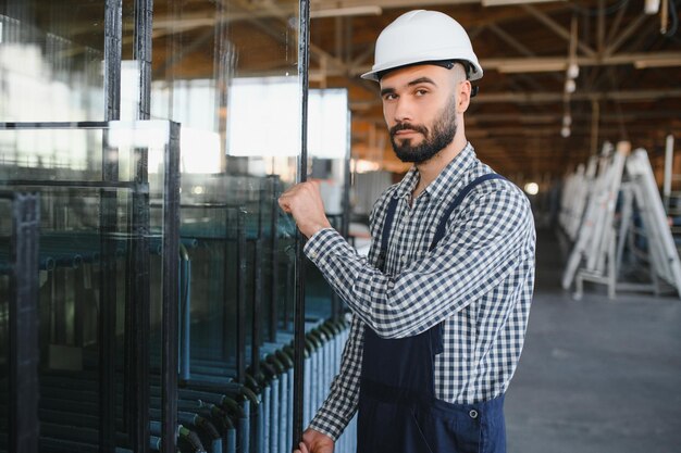 Foto trabalhador de engenheiro da indústria pesada profissional feliz usando uniforme e capacete em uma fábrica de aço especialista industrial sorridente em pé em uma fabricação de construção de metal