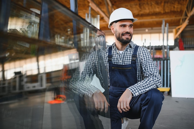 Trabalhador de engenheiro da indústria pesada profissional feliz usando uniforme e capacete em uma fábrica de aço Especialista industrial sorridente em pé em uma fabricação de construção de metal