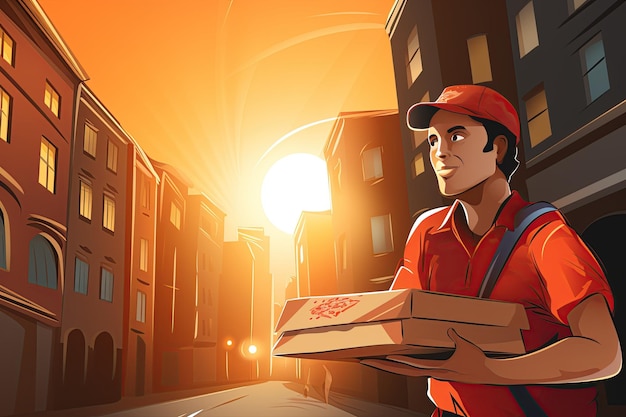 Trabalhador de entrega de pizza em ação Mostre-lhes segurando uma caixa de pizza com o logotipo icônico pronto para satisfazer os desejos dos clientes Gerado com IA