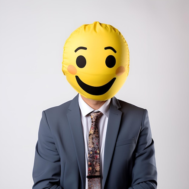 trabalhador de escritório cobrindo o rosto com emoji sorridente feliz em fundo branco design generativo ai