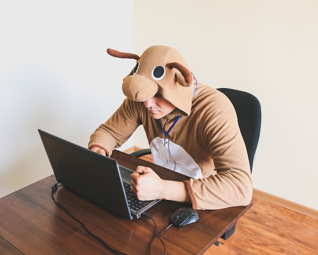 Trabalhador de escritório com fantasia de cosplay de uma vaca. Cara de pijama animal engraçado perto do laptop. Paródia no gerente.