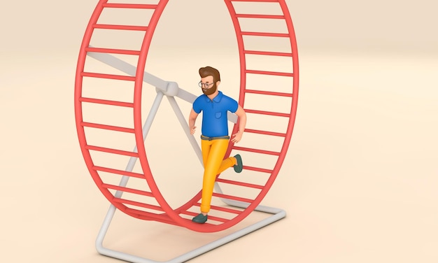 Trabalhador de escritório correndo em um loop em uma roda de hamster Conceito de corrida de ratos de negócios 3D Rendering