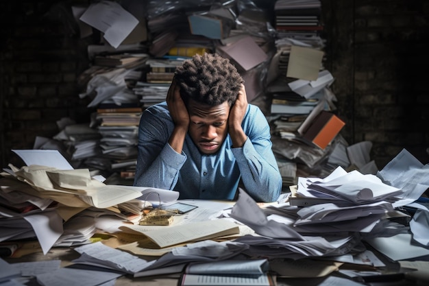 Foto trabalhador de escritório estressado e exausto com pilha de documentos sem beleza