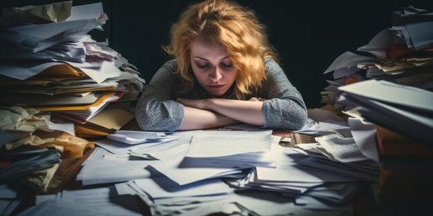 Trabalhador de escritório estressado e exausto com uma pilha de documentos sem elegância