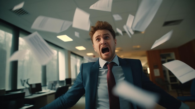 Foto trabalhador de escritório furioso atirou documentos de papel até o prazo depressão do trabalho em um homem uma grande carga de trabalho de gerenciamento de documentos