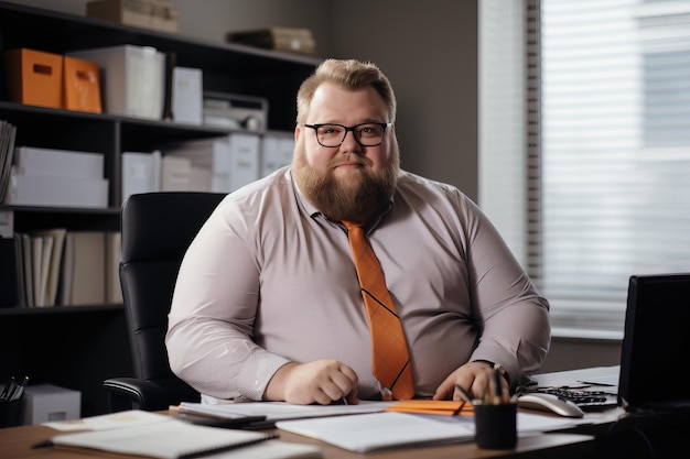 Trabalhador de escritório, homem bonito, no local de trabalho, gerente Plussize