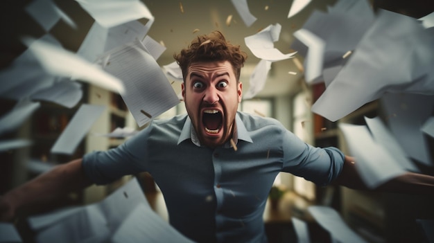 Trabalhador de escritório masculino zangado jogou documentos de papel até o prazo Depressão do trabalho em um homem uma grande carga de trabalho de gerenciamento de documentos