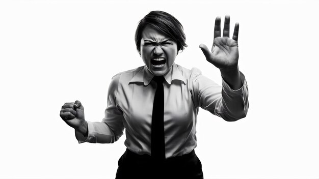 Foto trabalhador de escritório zangado agitando o punho em ameaça olhar ultrajado e chateado de pé frustrado aga