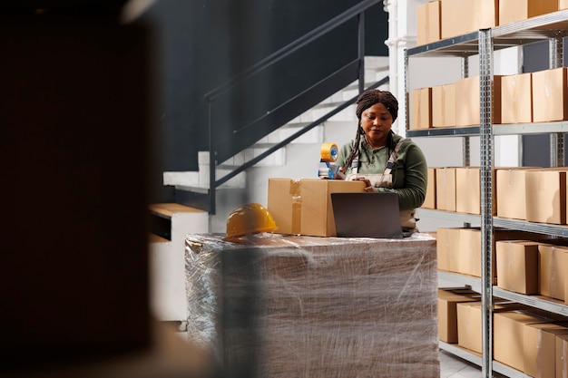 Trabalhador de estoque preparando pedidos de clientes, usando fita adesiva para embalar produtos em caixas de papelão no armazém. Supervisor de depósito usando macacão industrial durante o inventário do depósito