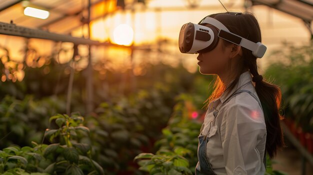 Trabalhador de estufa usando óculos VR enquanto gerencia o crescimento das plantas