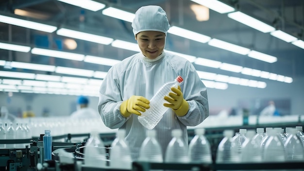 Trabalhador de fábrica de roupão branco e luvas de borracha segurando uma garrafa de plástico