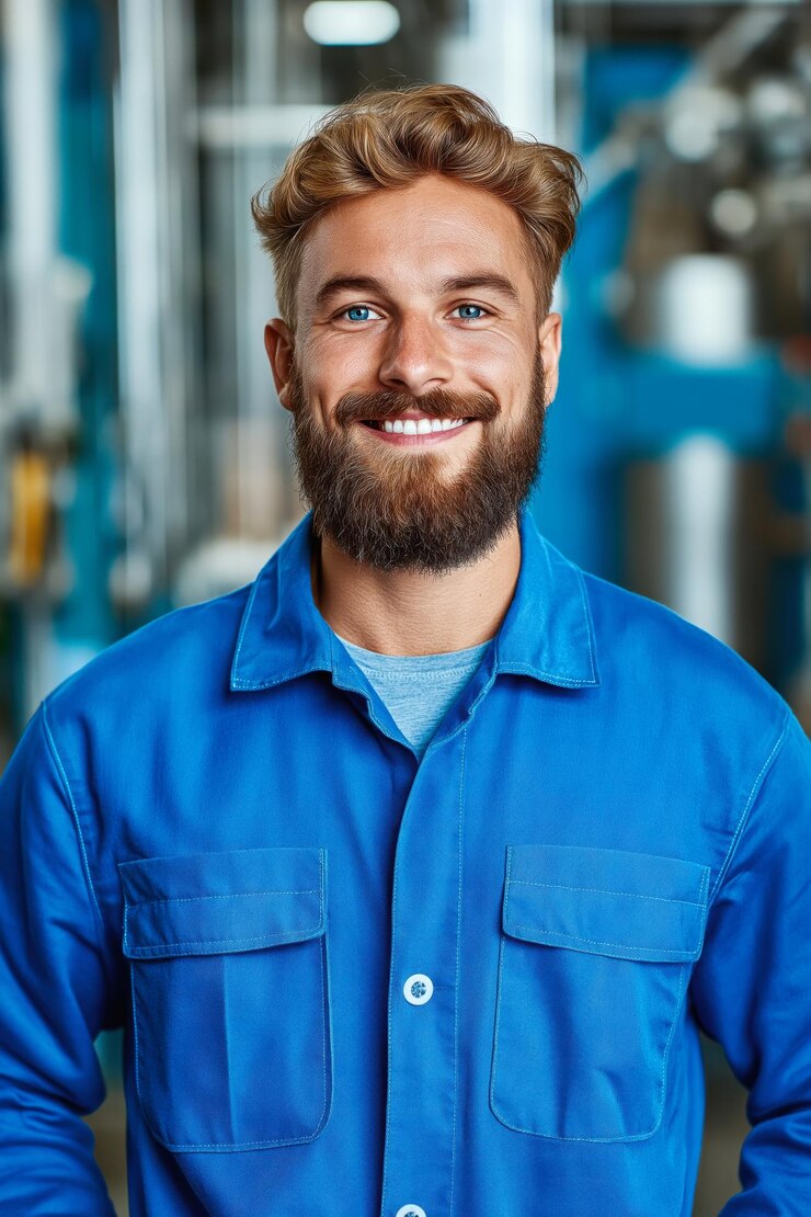 Trabalhador de fábrica em uniforme azul sorrindo com confiança em um ambiente de fabricação durante o dia