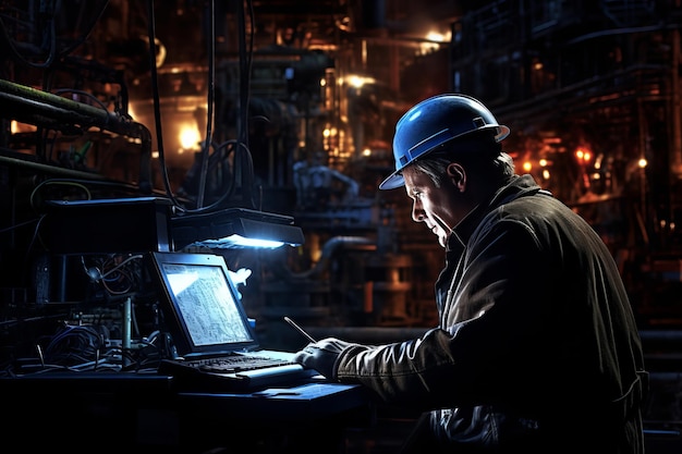 Trabalhador de fábrica qualificado operando laptop para tarefas cruciais de manutenção na refinaria de petróleo