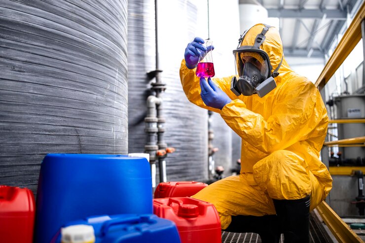 Foto trabalhador de fábrica química vestindo traje de proteção e máscara de gás testando a qualidade dos produtos químicos