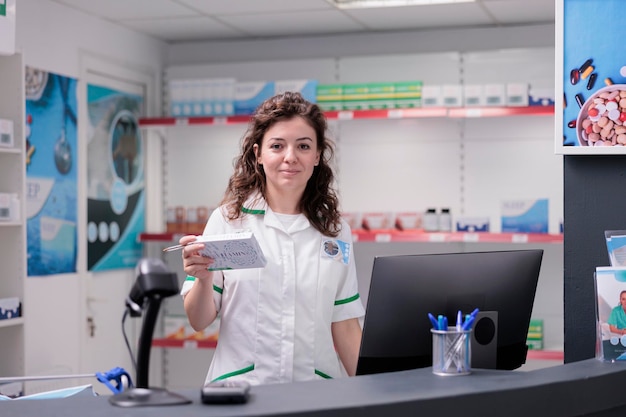 Trabalhador de farmácia sorridente, olhando para a câmera enquanto trabalhava na farmácia, verificando o folheto de drogas. Farmacêutico vendendo suplementos, vitamina, pílulas para sistema imunológico, serviço de apoio à saúde