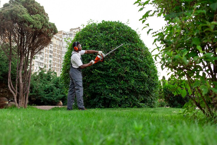 Foto trabalhador de jardim em uniforme corta arbustos e gramado no jardim homem afro-americano trabalha com cortador de escovas