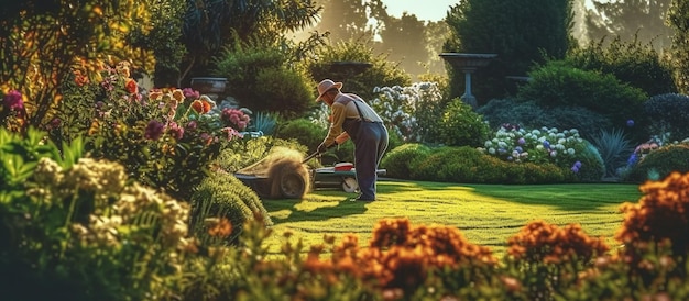 Trabalhador de jardim residencial aparando a grama do quintal