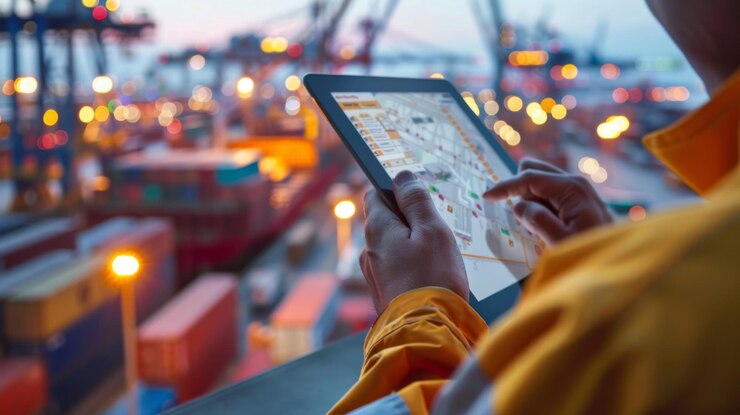 Trabalhador de logística gerenciando o envio de carga com um tablet em um porto comercial movimentado ao anoitecer