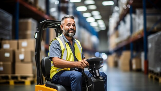 Trabalhador de logística movendo mercadorias em caixas usando máquina gerada por IA