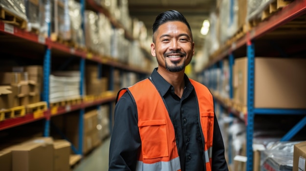 Trabalhador de loja masculino asiático e tablet trabalhando na distribuição de armazém