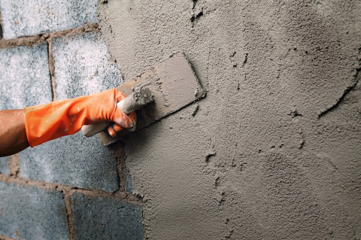 Foto trabalhador de mão closeup reboco cimento na parede para construção de casa