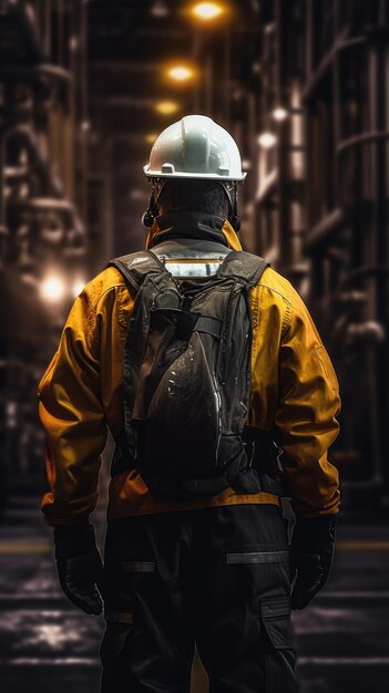 Foto trabalhador de pé e observa uma refinaria de petróleo com uma jaqueta protetora e capacete