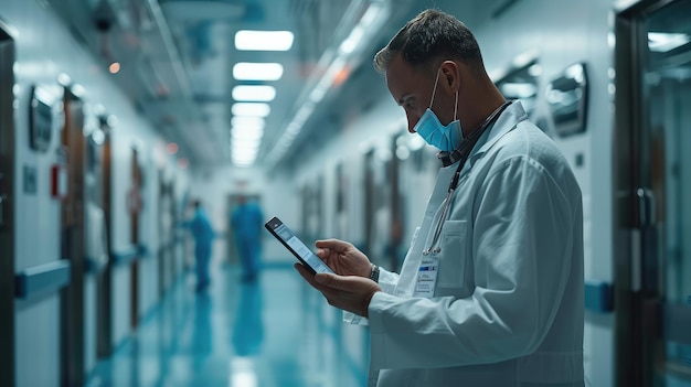 Trabalhador de saúde focado usa um smartphone em meio a equipamentos de monitoramento críticos em uma unidade de cuidados intensivos de hospitais