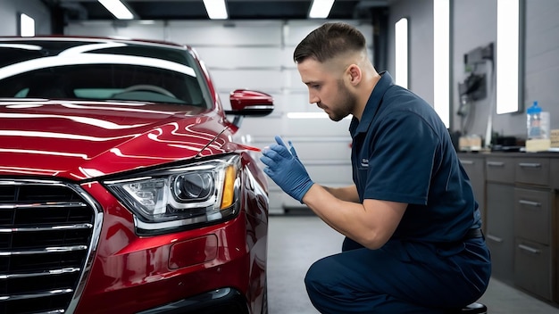 Trabalhador de serviço de automóveis a aplicar um nano revestimento a um detalhe de automóvel