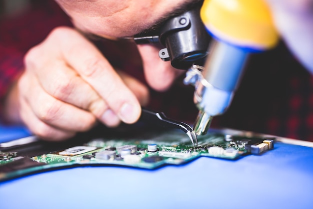 Trabalhador de ti consertando placa principal de um computador