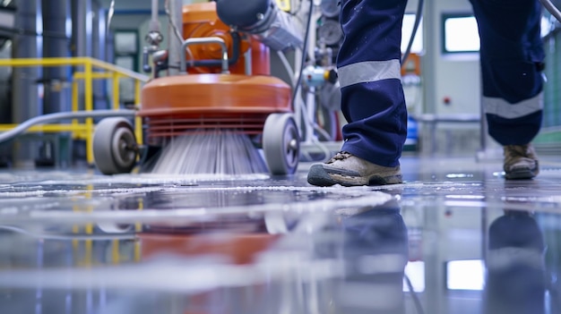 Trabalhador de uma instalação industrial dedicado à limpeza de pisos Manutenção e limpeza industriais