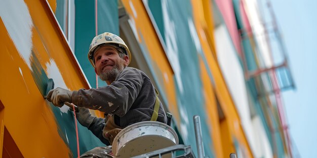 Trabalhador diligente pintando uma fachada colorida de um edifício a partir de um andaime perfeito para temas de construção capturados na luz do dia brilhante AI