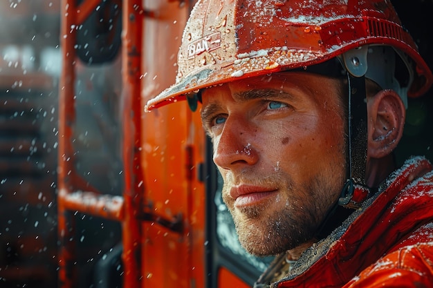 Trabalhador do petróleo em uniforme vermelho e capacete no fundo do jack da bomba e céu azul