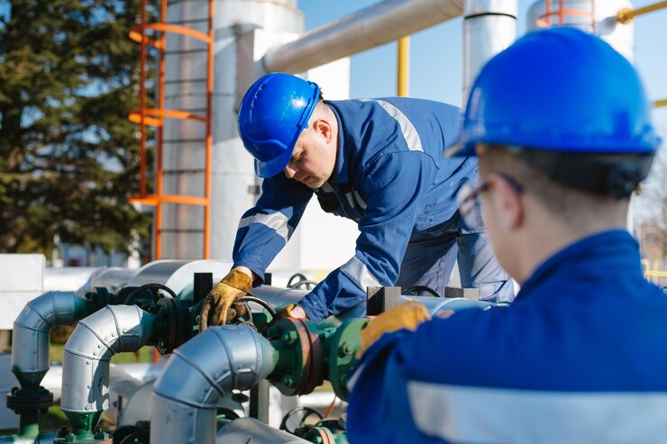 Trabalhador do petróleo, girando a válvula na plataforma de petróleo