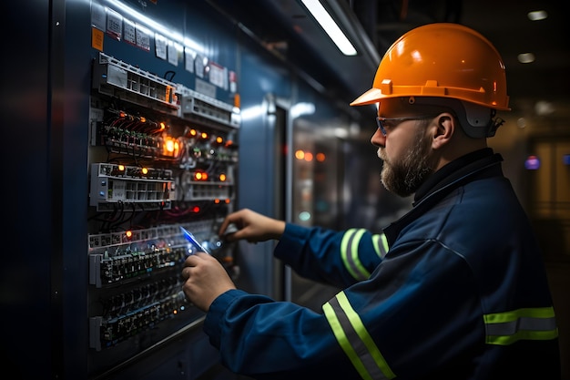 Foto trabalhador elétrico profissional em hardhat retrato de engenheiro eletricista