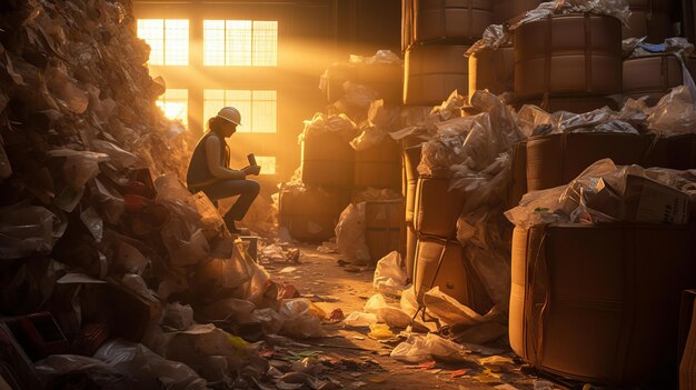 Trabalhador em equipamento de segurança classifica materiais recicláveis na fábrica de separação