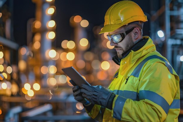 Trabalhador em equipamento de segurança usando um tablet para monitorar atividades noturnas em uma fábrica industrial