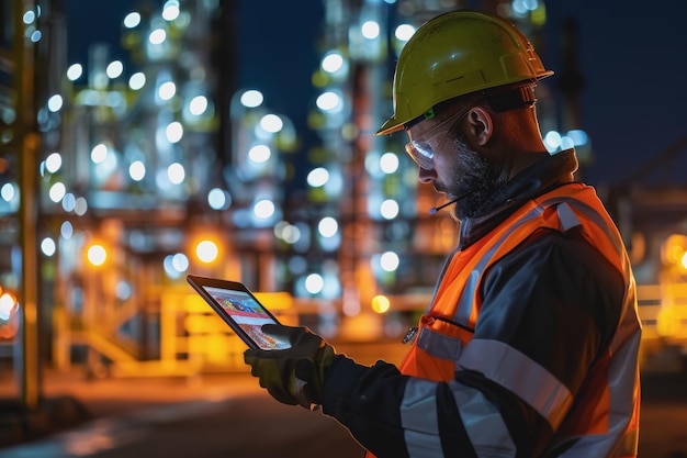 Trabalhador em equipamento de segurança usando um tablet para monitorar atividades noturnas em uma fábrica industrial