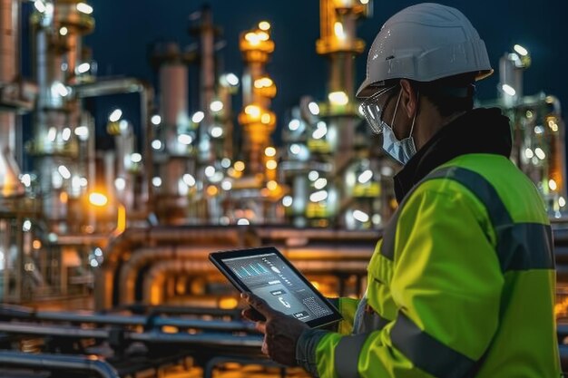 Trabalhador em equipamento de segurança usando um tablet para monitorar atividades noturnas em uma fábrica industrial