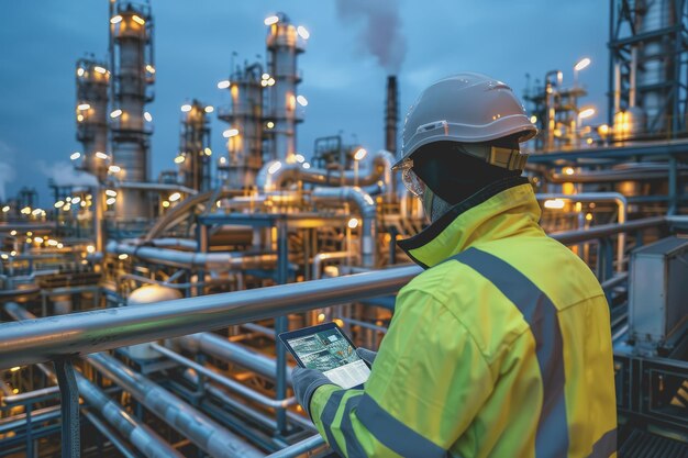 Foto trabalhador em equipamento de segurança usando um tablet para monitorar atividades noturnas em uma fábrica industrial