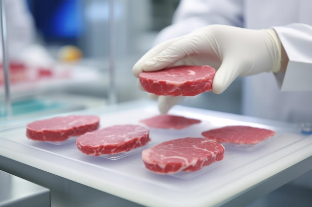 Trabalhador em luvas estéreis colocando pedaços de carne cultivada em laboratório no balcão