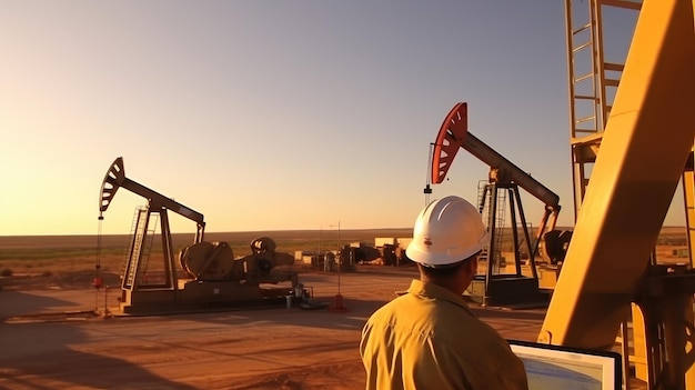 Foto trabalhador em uma plataforma de petróleo controlando bombas com um tablet