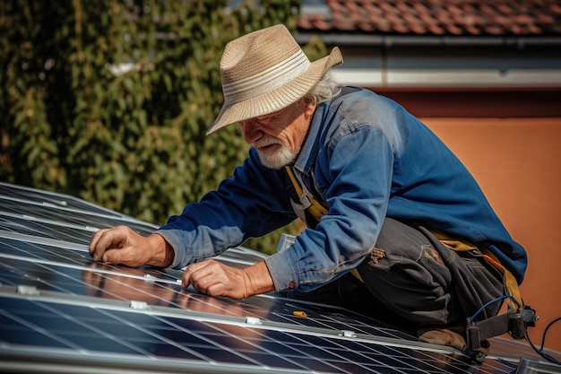 Trabalhador enquanto instala um painel solar no telhado de uma casa, destacando a tendência crescente de energia solar e práticas sustentáveis Generative AI