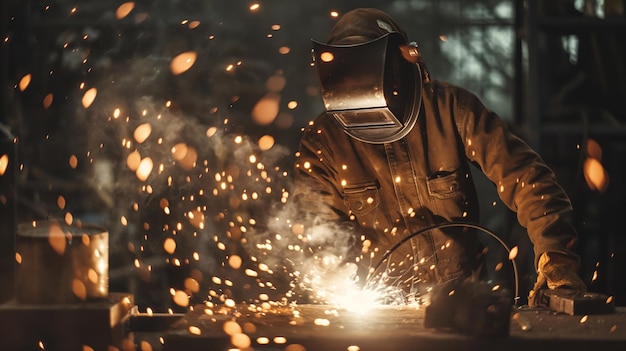 Trabalhador envolvido numa operação de soldagem num ambiente industrial Equipado com equipamento de segurança, incluindo