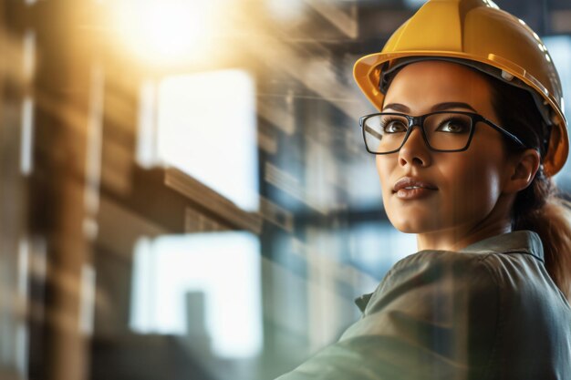 Trabalhador feminino e masculino no canteiro de obras com um chapéu laranja e amarelo feito com ai generativo