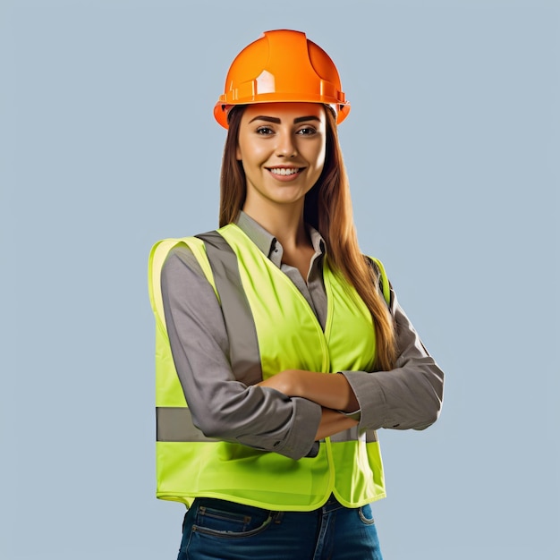 Trabalhador feminino e masculino no canteiro de obras com um chapéu laranja e amarelo feito com ai generativo