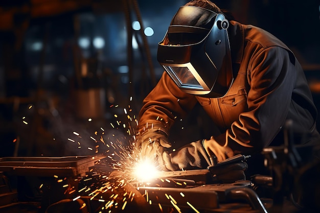 Trabalhador industrial com máscara de proteção soldando metal na fábrica Conceito de metalurgia e construção industrial
