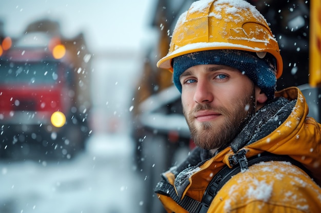 Trabalhador industrial com um capacete amarelo durante uma nevasca com máquinas ao fundo