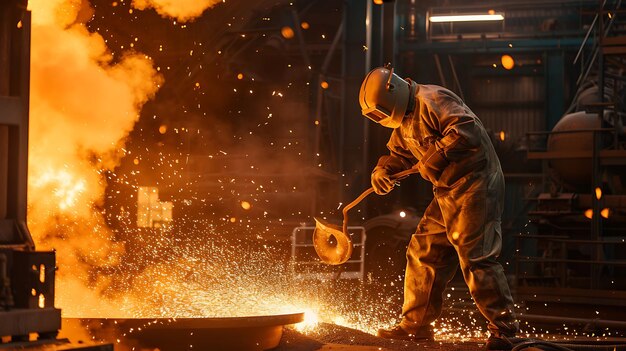 Foto trabalhador industrial de fato de proteção e capacete está operando com metal fundido em uma siderúrgica