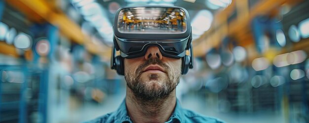 Trabalhador industrial em fone de ouvido VR em meio a um armazém