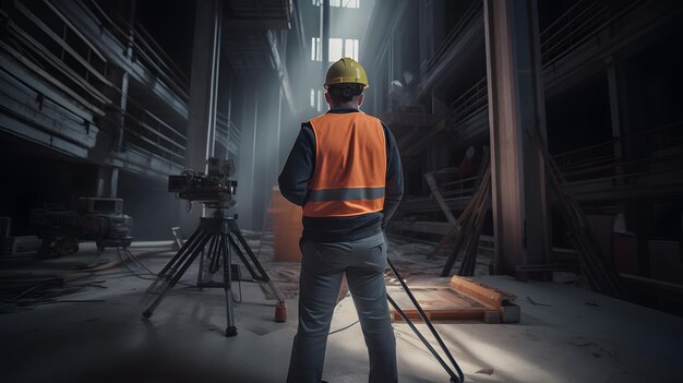 Trabalhador industrial em roupas hivis inspeciona inventário no canteiro de obras em renderização cinematográfica fotorrealista